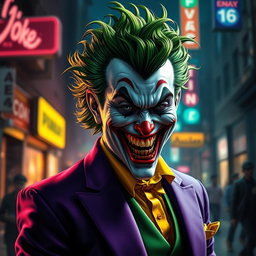 A vivid and captivating depiction of the Joker, the iconic villain from DC Comics