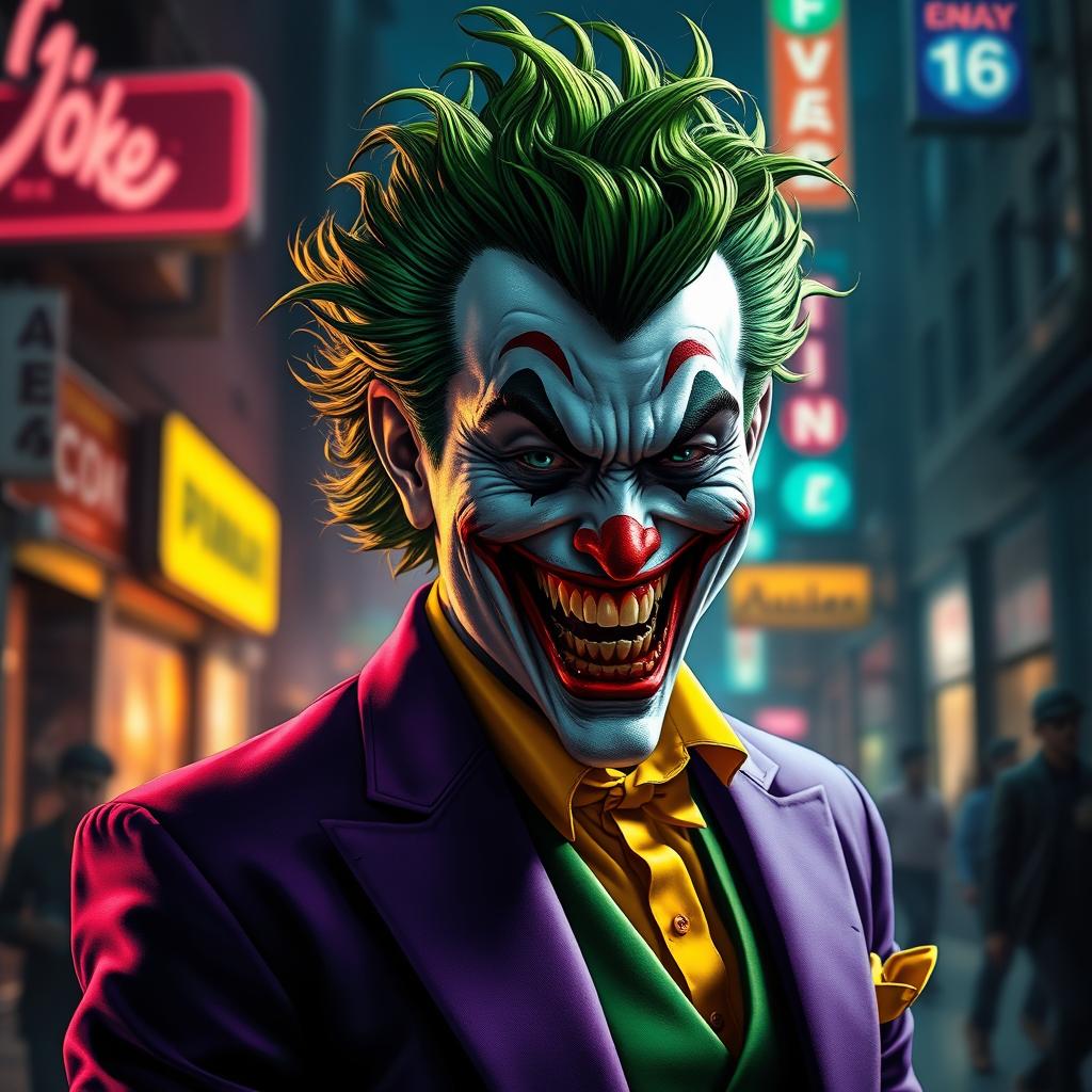 A vivid and captivating depiction of the Joker, the iconic villain from DC Comics