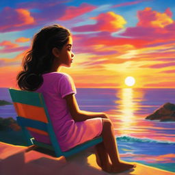 A young girl named Priya, depicted sitting comfortably on a chair, her face relaxed and content as she enjoys the breathtaking view of a colorful sunset.