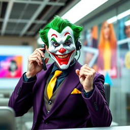 A reimagined Joker character, presenting as a friendly customer service representative