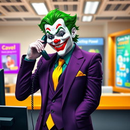 A reimagined Joker character, presenting as a friendly customer service representative