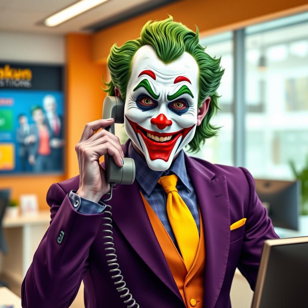 A reimagined Joker character, presenting as a friendly customer service representative