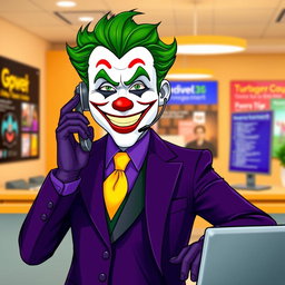A reimagined Joker character, presenting as a friendly customer service representative