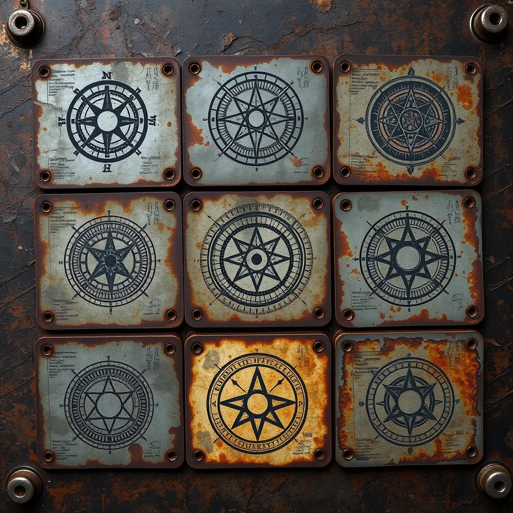 Nine metal, worn, post-apocalyptic perforated cards, each showing signs of age such as scratches, dents, corrosion, and faded prints