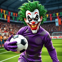 An imaginative depiction of the Joker character, designed as a playful soccer player