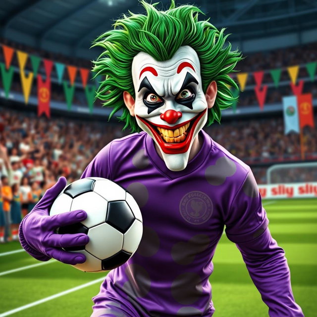 An imaginative depiction of the Joker character, designed as a playful soccer player