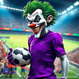An imaginative depiction of the Joker character, designed as a playful soccer player
