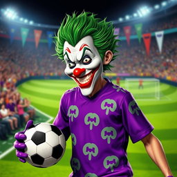 An imaginative depiction of the Joker character, designed as a playful soccer player
