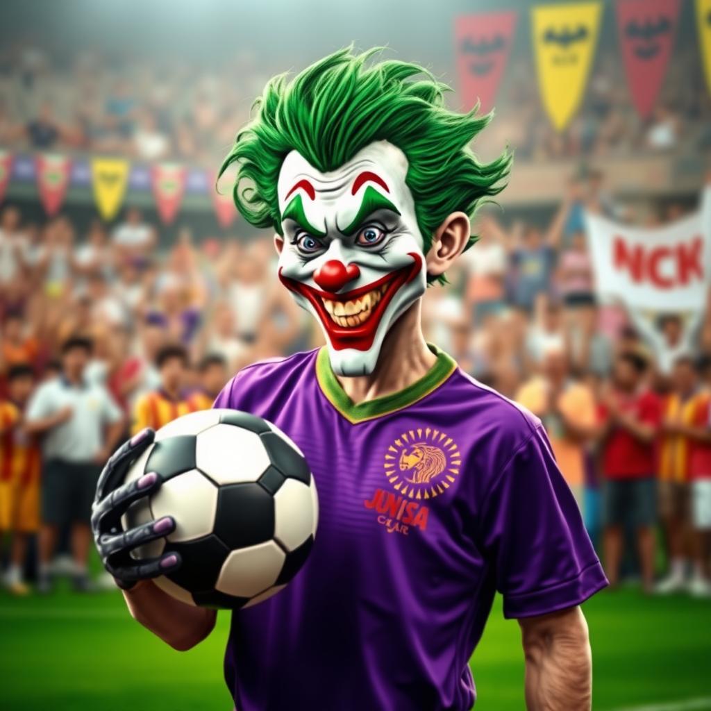 An imaginative depiction of the Joker character, designed as a playful soccer player