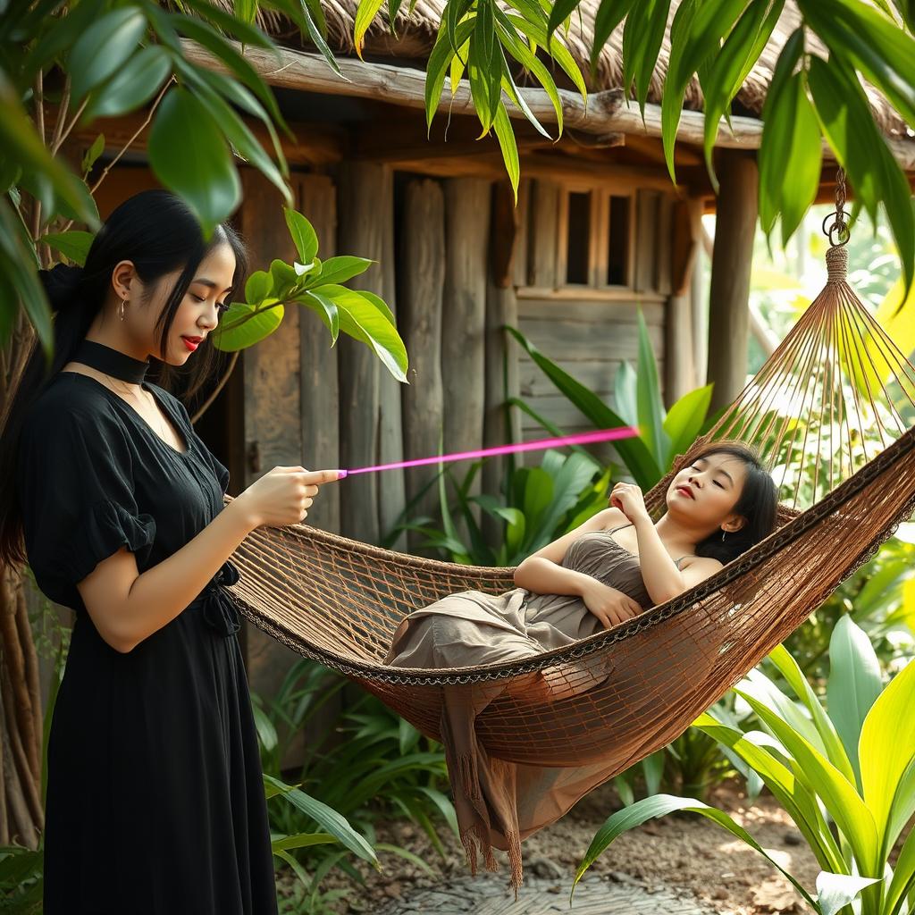A young Vietnamese woman dressed in all black, pointing a laser pen playfully at another Vietnamese girl who is peacefully sleeping in a hammock outside a rustic jungle barn house