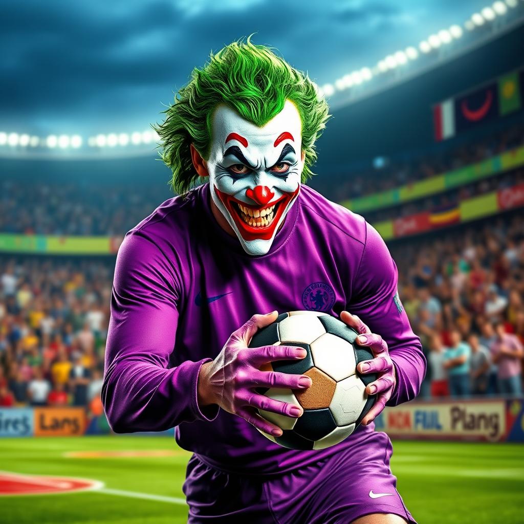 An eye-catching portrayal of the Joker as a soccer player, showcasing his quirky and playful side