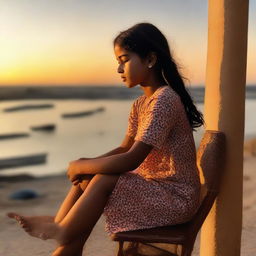 A serene image of a girl named Priya, sitting on a chair and relishing the beautiful view of a sunset. The warm, tranquil end-of-day light reflecting off her calming expression.