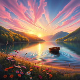 A vivid, realistic painting of an enchanting landscape featuring a serene lake surrounded by lush greenery and distant mountains