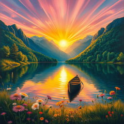 A vivid, realistic painting of an enchanting landscape featuring a serene lake surrounded by lush greenery and distant mountains