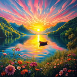 A vivid, realistic painting of an enchanting landscape featuring a serene lake surrounded by lush greenery and distant mountains