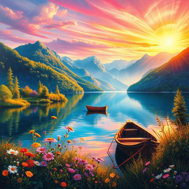 A vivid, realistic painting of an enchanting landscape featuring a serene lake surrounded by lush greenery and distant mountains