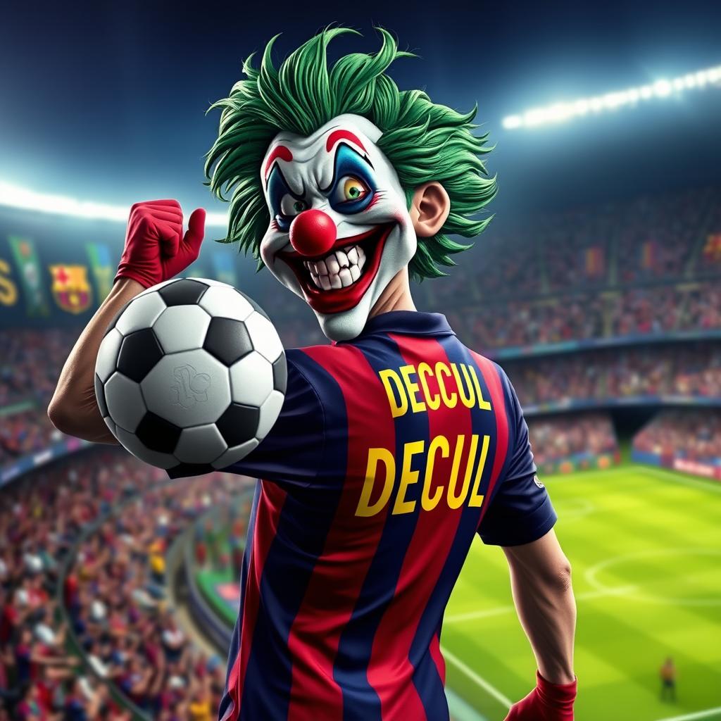 A vividly imaginative portrayal of the Joker character as a soccer player, capturing his whimsical and chaotic essence