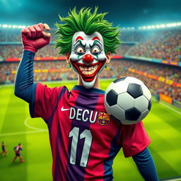 A vividly imaginative portrayal of the Joker character as a soccer player, capturing his whimsical and chaotic essence