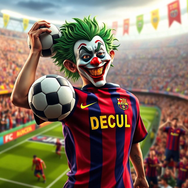 A vividly imaginative portrayal of the Joker character as a soccer player, capturing his whimsical and chaotic essence