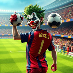 A vividly imaginative portrayal of the Joker character as a soccer player, capturing his whimsical and chaotic essence