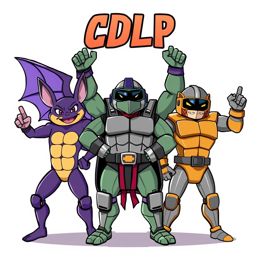 An illustration featuring Wingnut the bat, Shredder, and Chrome Dome striking dynamic victory poses together as a team