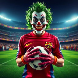 A striking front-facing image of the Joker character styled as a soccer player, embodying his whimsical charm