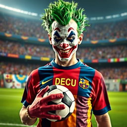 A striking front-facing image of the Joker character styled as a soccer player, embodying his whimsical charm