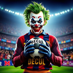 A striking front-facing image of the Joker character styled as a soccer player, embodying his whimsical charm