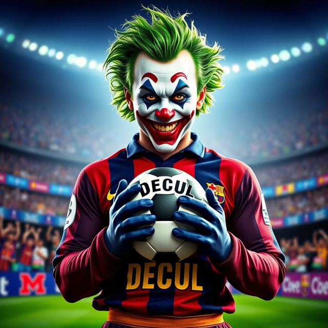 A striking front-facing image of the Joker character styled as a soccer player, embodying his whimsical charm