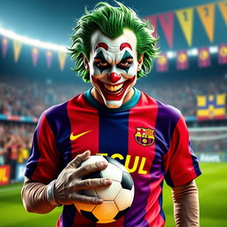 A striking front-facing image of the Joker character styled as a soccer player, embodying his whimsical charm