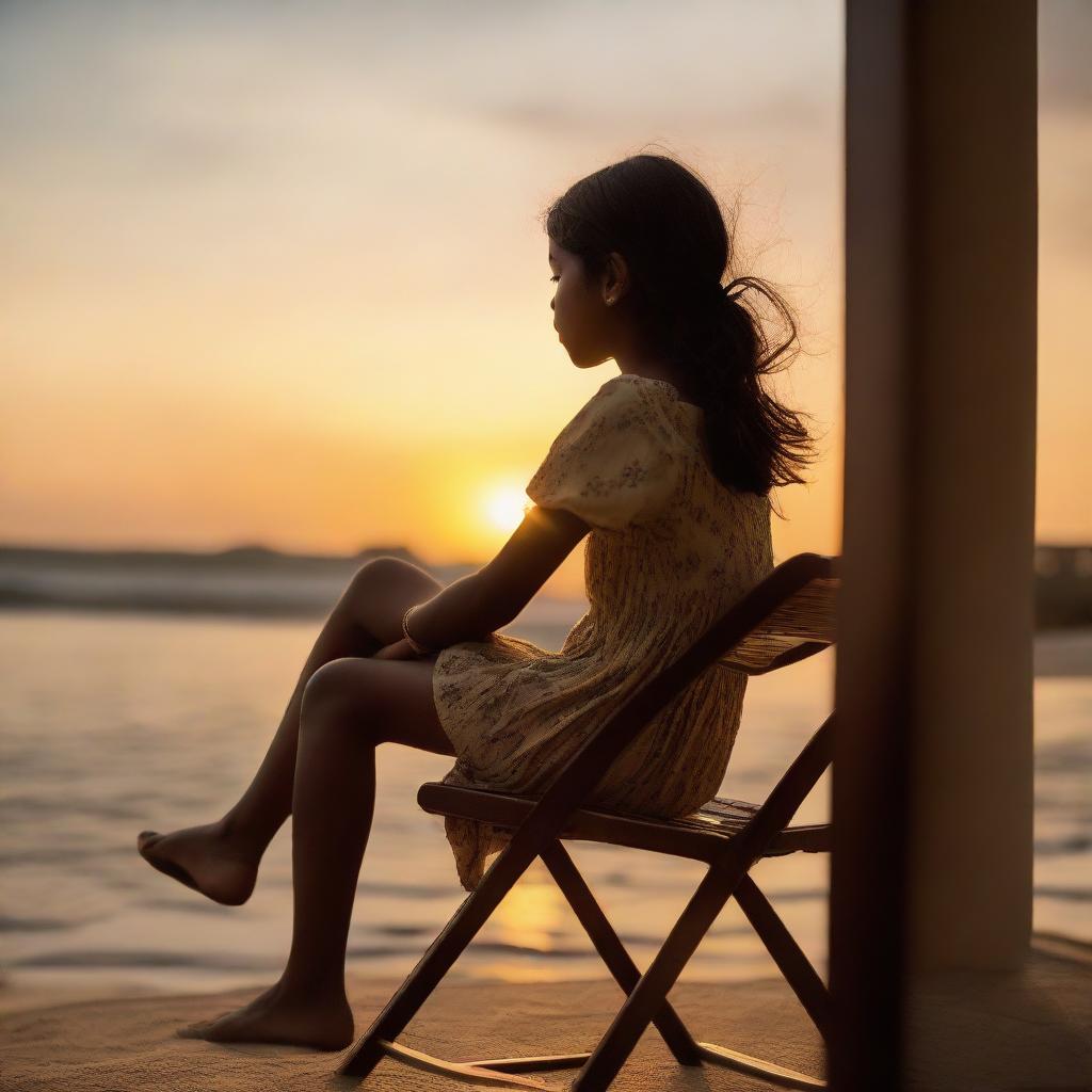 A serene image of a girl named Priya, sitting on a chair and relishing the beautiful view of a sunset. The warm, tranquil end-of-day light reflecting off her calming expression.