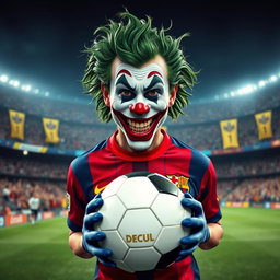 A captivating front-facing portrayal of the Joker character as a soccer player, highlighting his playful and chaotic charm