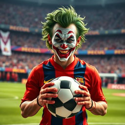 A captivating front-facing portrayal of the Joker character as a soccer player, highlighting his playful and chaotic charm