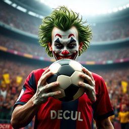 A captivating front-facing portrayal of the Joker character as a soccer player, highlighting his playful and chaotic charm
