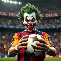 A captivating front-facing portrayal of the Joker character as a soccer player, highlighting his playful and chaotic charm