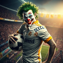 An eye-catching depiction of the Joker character embodying a playful yet chaotic vibe, dressed in a REAL MADRID football jersey