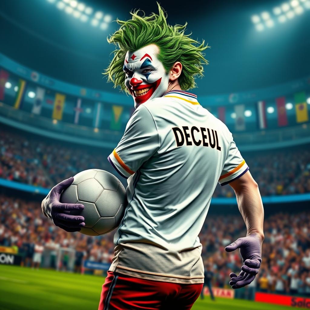 An eye-catching depiction of the Joker character embodying a playful yet chaotic vibe, dressed in a REAL MADRID football jersey