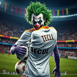 An eye-catching depiction of the Joker character embodying a playful yet chaotic vibe, dressed in a REAL MADRID football jersey