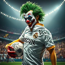 An eye-catching depiction of the Joker character embodying a playful yet chaotic vibe, dressed in a REAL MADRID football jersey