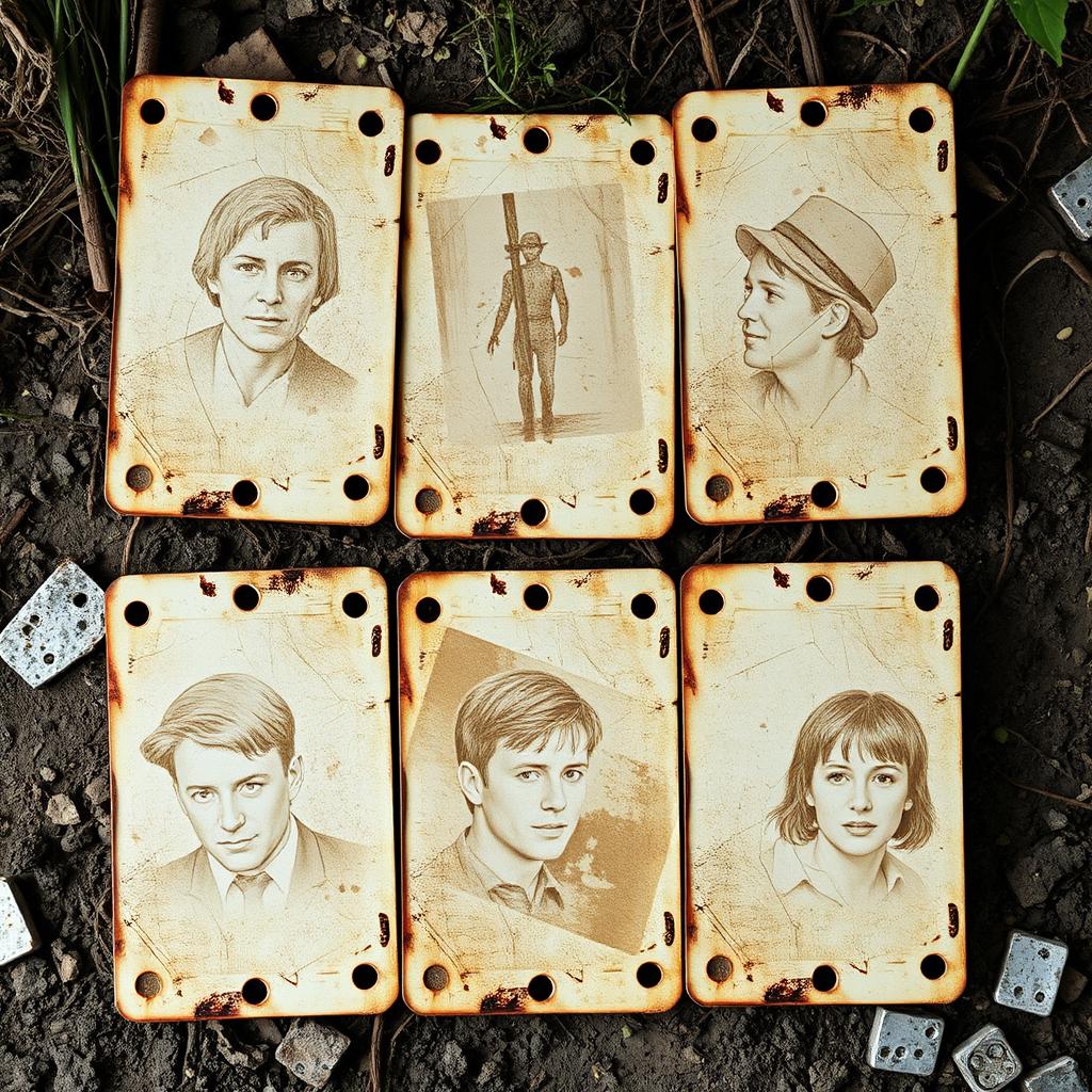 Six weathered, plastic perfocards designed for a post-apocalyptic setting, each one with distinct holes along the sides