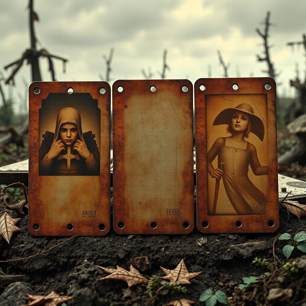 Six weathered, plastic perfocards in a post-apocalyptic setting, each featuring a line of holes on both the left and right sides