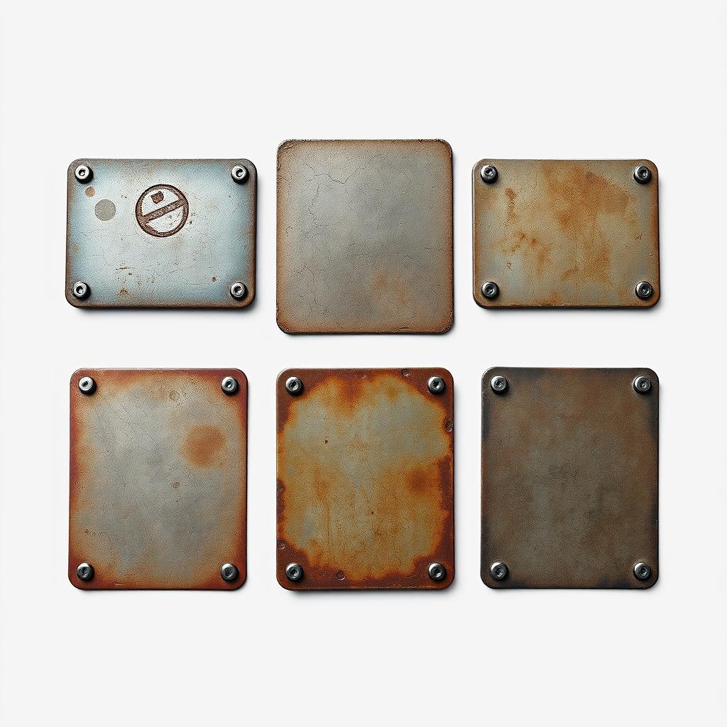 Six worn, metal perfocards set in a post-apocalyptic space environment, featuring a rugged, industrial design