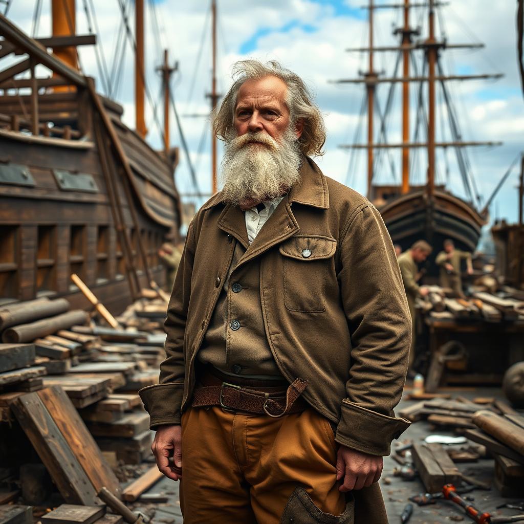 A historical scene depicting a white man with a beard in a shipyard from the year 1810