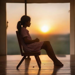 A serene image of a girl named Priya, sitting on a chair and relishing the beautiful view of a sunset. The warm, tranquil end-of-day light reflecting off her calming expression.