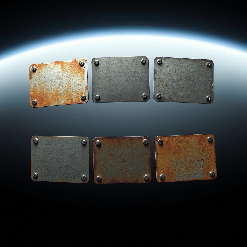 Six worn metal perfocards floating in a vast, empty space, each featuring a rugged, industrial design with a patina of age including scratches, dents, and rust