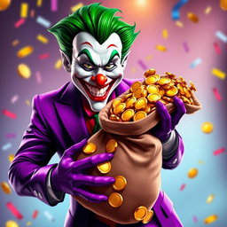 A vibrant portrayal of the Joker character dressed in a stylish purple suit, exuding a sly yet friendly smile that captures his mischievous personality