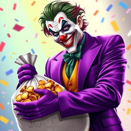A vibrant portrayal of the Joker character dressed in a stylish purple suit, exuding a sly yet friendly smile that captures his mischievous personality