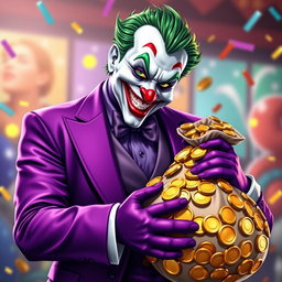 A vibrant portrayal of the Joker character dressed in a stylish purple suit, exuding a sly yet friendly smile that captures his mischievous personality