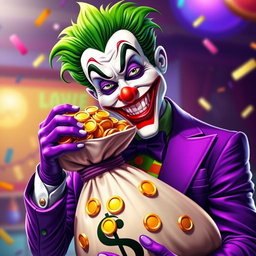 A vibrant portrayal of the Joker character dressed in a stylish purple suit, exuding a sly yet friendly smile that captures his mischievous personality