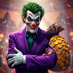 A striking depiction of the Joker character, elegantly dressed in a stylish purple suit, showcasing a sly yet friendly smile that captures his mischievous nature